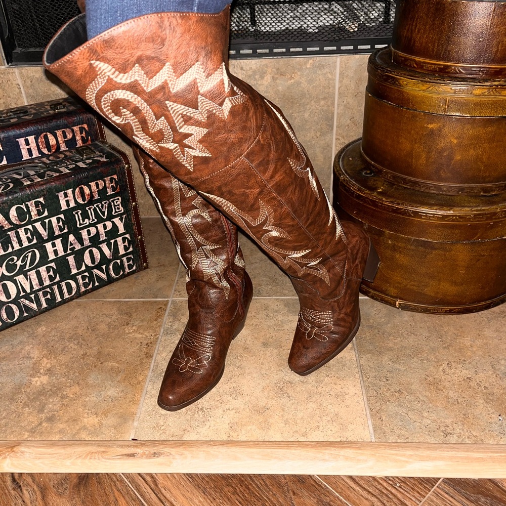 Brown Embroidered Heeled Boots - image 6